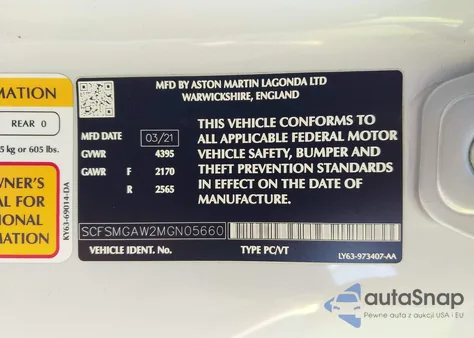 2021 Aston Martin Vantage from USA, damaged, VIN SCFSMGAW2MGN05660